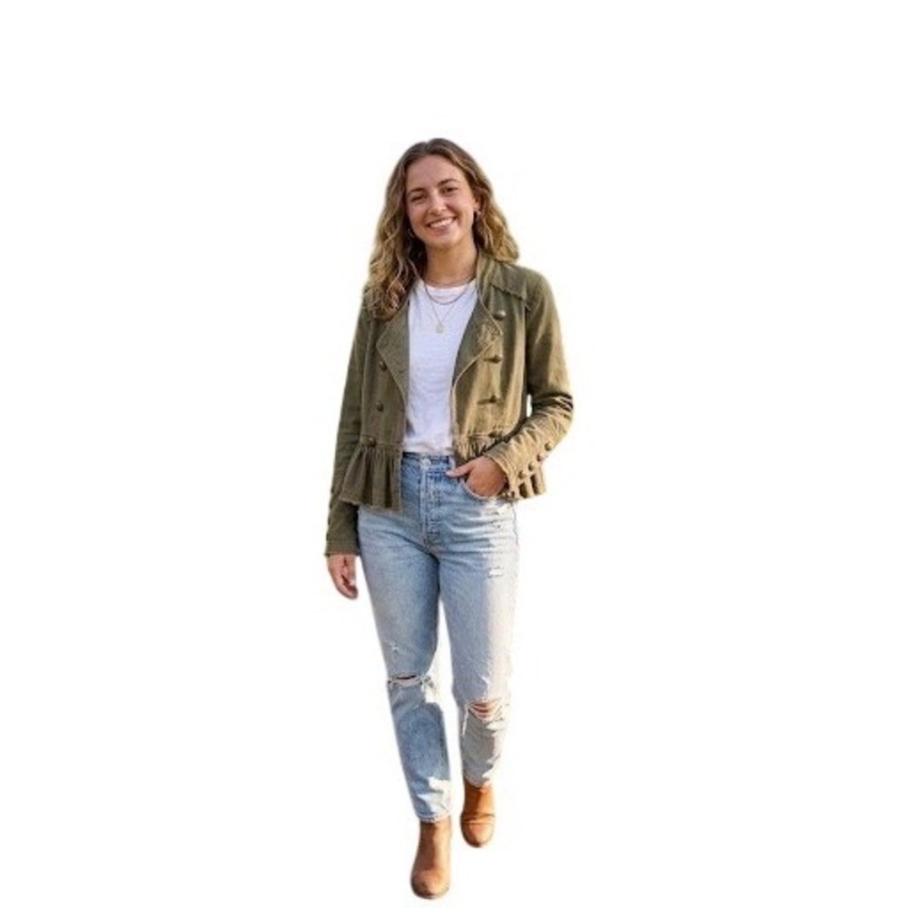 Free People Olive Green Military Peplum Jacket Double Breasted Crest Button S